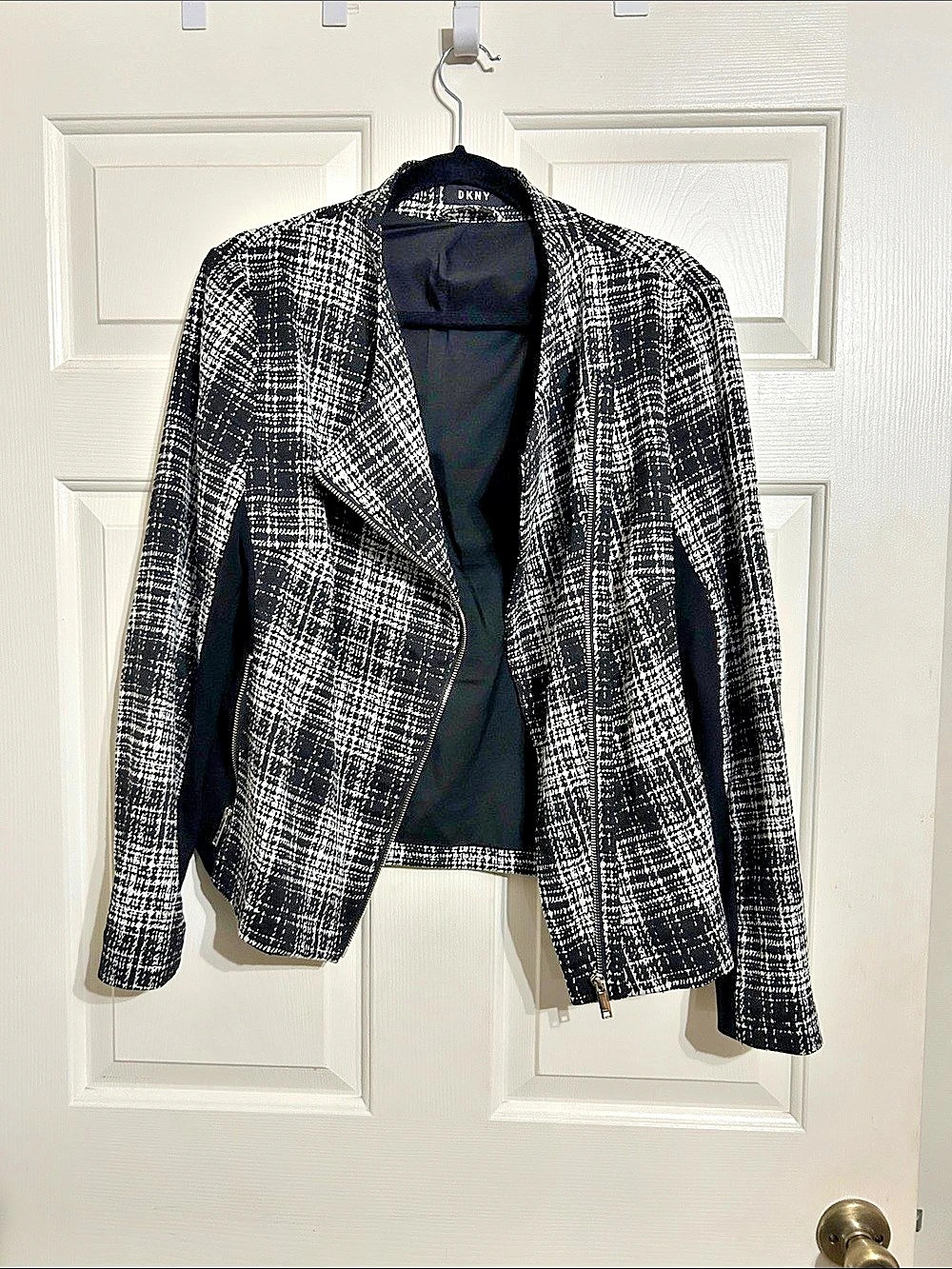 DKNY Tweed and Faux Leather Moto Jacket Plaid Zip Front Black & White